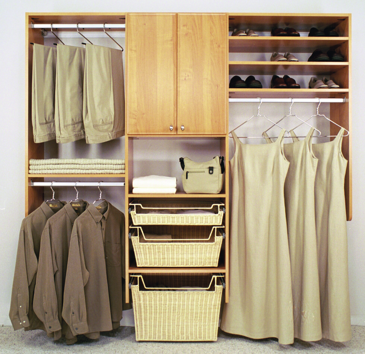 CUSTOM REACH IN CLOSET WITH STORAGE BASKETS Closets
