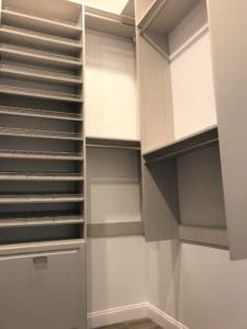 MORNING DEW CUSTOM CLOSET WITH SLANTED SHOE SHELVES AND HAMPER