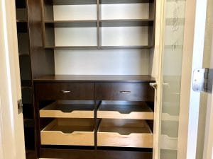 Dark Brown PANTRY CABINETS WITH DRAWERS AND ROLL OUTS by Austin-Morgan Closets
